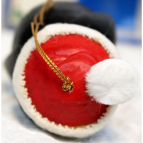 VTG 80s Porcelain Christmas Penguin Ornament Bell Santa Pom-Pom Vest Gift Black - Picture 7 of 12